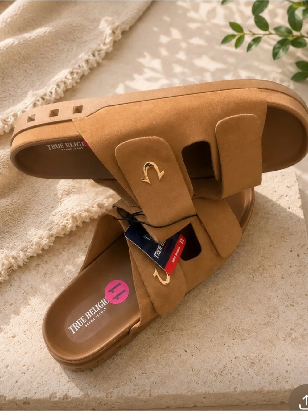 True Religion Tan Suede Double-Strap Slide Mules